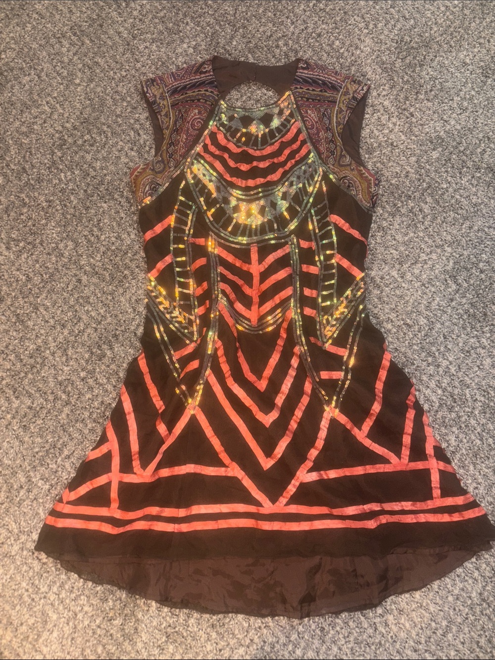 Nanette Lepore Brown and Coral Embellished High-Low silk dress